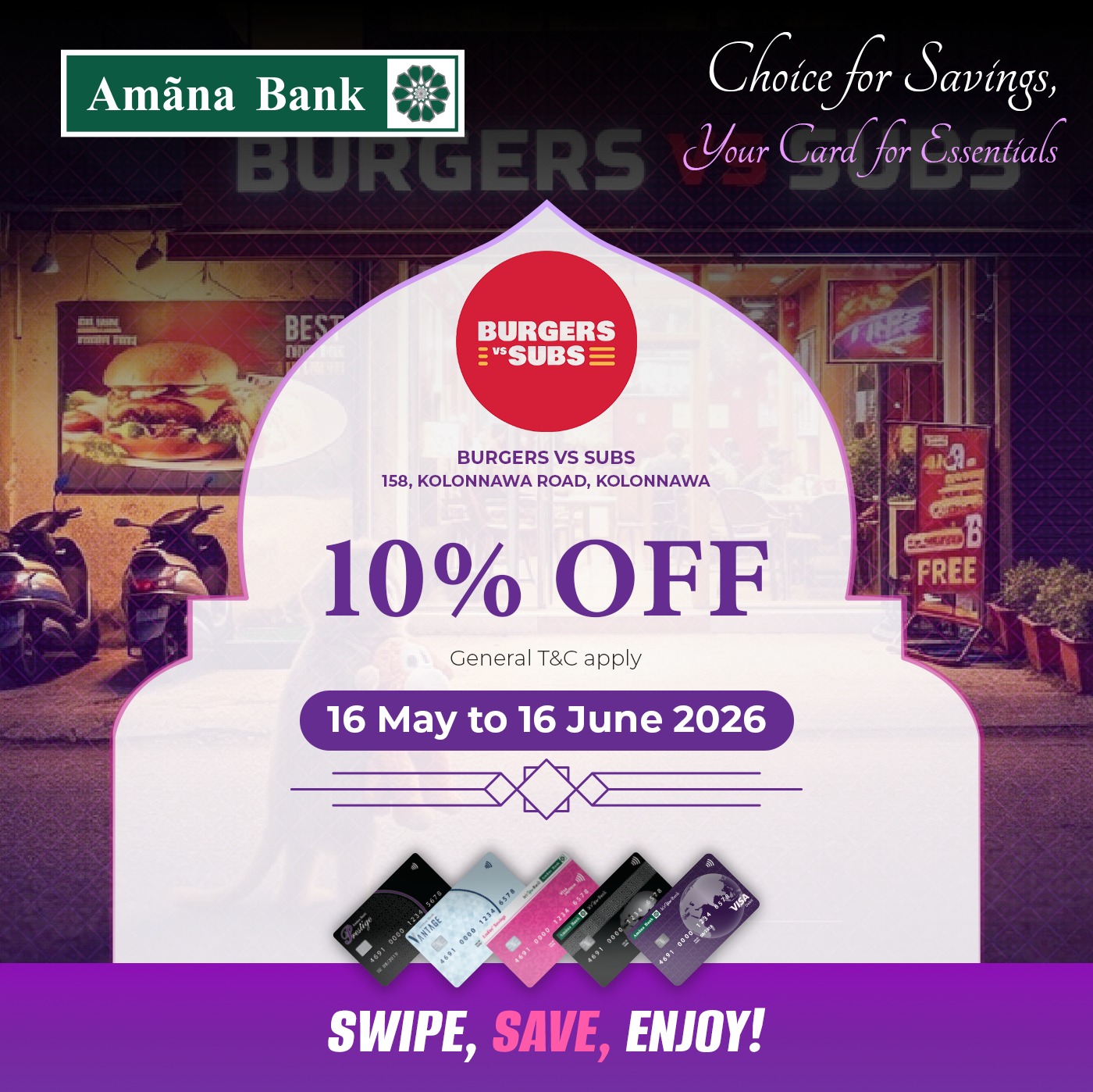 Enjoy Exclusive Offers at Burgers vs Subs with your Amana Debit Card