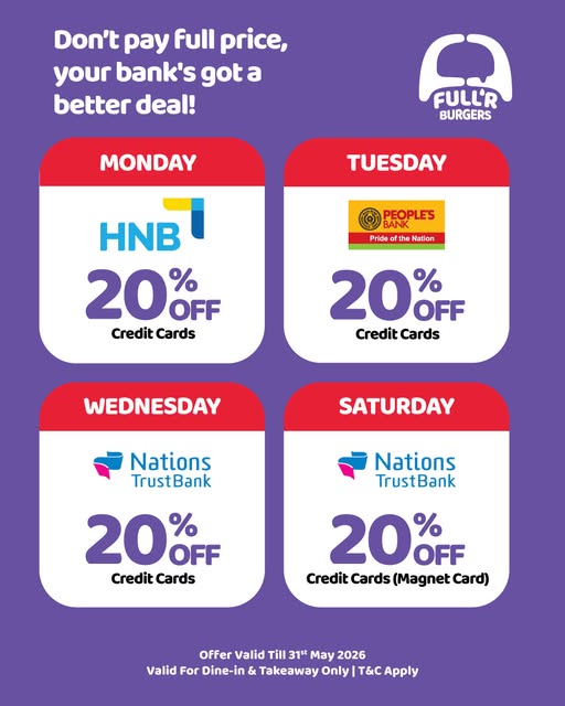 Exclusive bank card deals at Full'r Burgers
